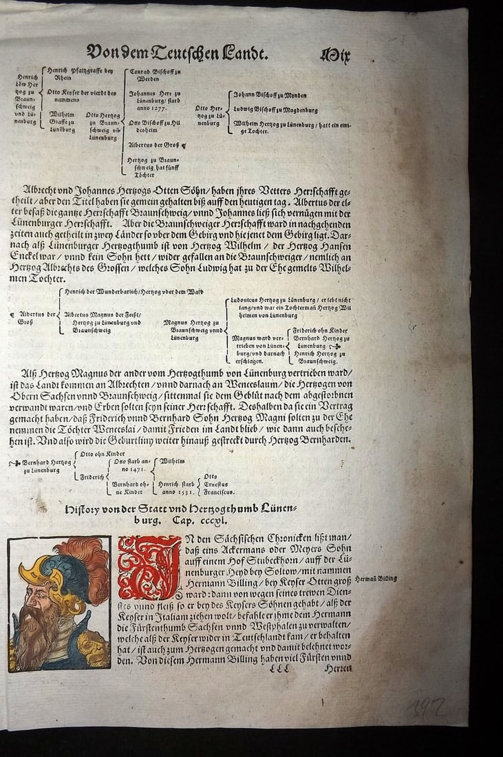 Munster, Sebastian 1588 Early Hand Col Woodcut. Portrait of Hermann Billung. Saxon: Contemporary Hand Colored Woodcut Published 1588, Basel for the "Cosmographia" by Sebastian Munster. Printed both sides. Paper Size: 12 x 8 inch (30 x 20cm) Approx. Good Condition