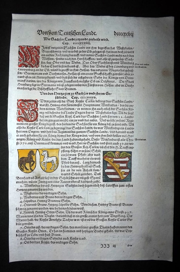 Munster, Sebastian 1588 Early Hand Col Woodcut. Saxon Coats of Arms, Heraldry: Contemporary Hand Colored Woodcut Published 1588, Basel for the "Cosmographia" by Sebastian Munster. Printed both sides. Paper Size: 12 x 8 inch (30 x 20cm) Approx. Good Condition