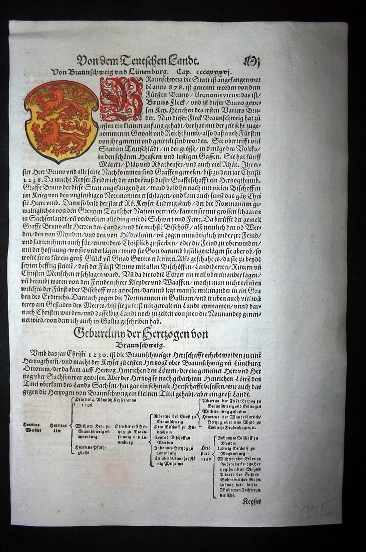 Munster, Sebastian 1588 Early Hand Col Woodcut. Brunswick Coat of Arms (1 of 2)