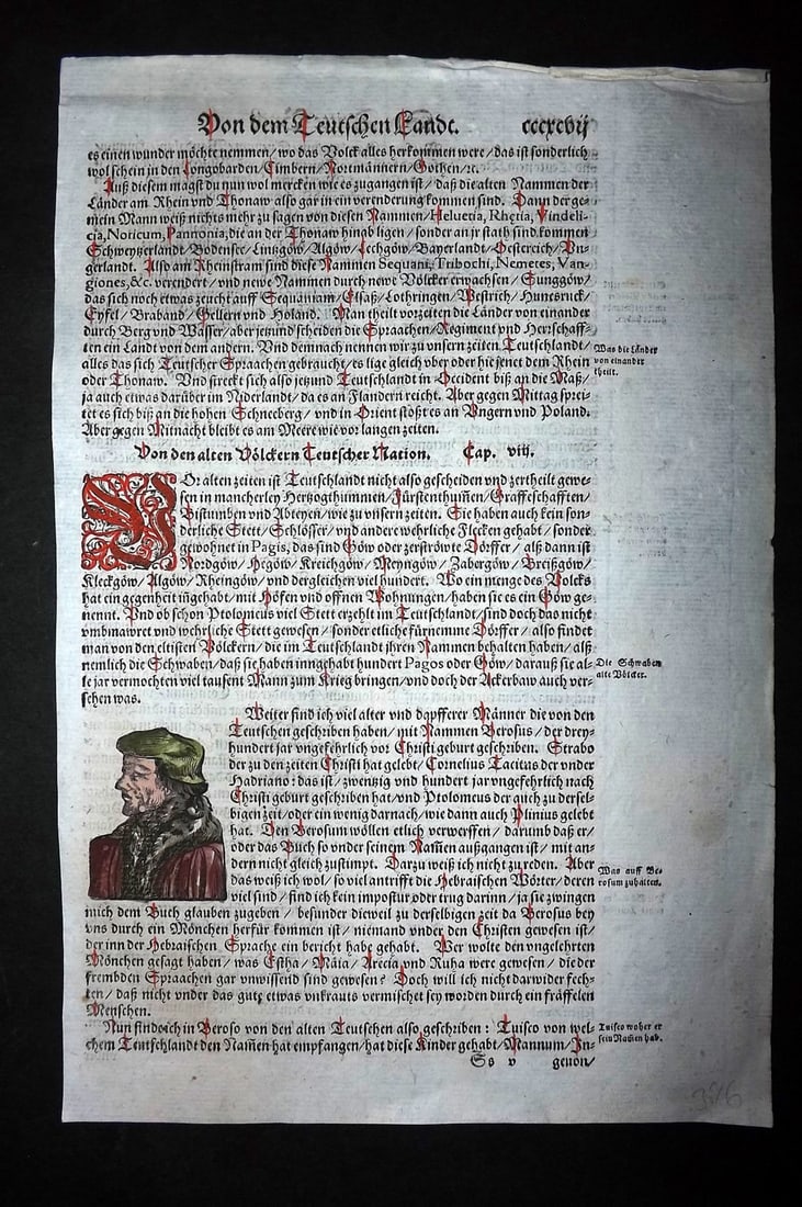 Munster, Sebastian 1588 Early Hand Col Woodcut. Portrait, Possibly Cornelius Tacitus (1 of 2)