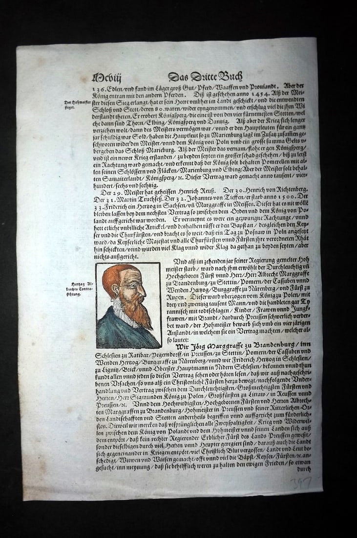 Munster, Sebastian 1588 HC Woodcut. Bearded Portrait, either Duke Albert of Prussia or Albrecht von: Contemporary Hand Colored Woodcut Published 1588, Basel for the "Cosmographia" by Sebastian Munster. Printed both sides. Paper Size: 12 x 8 inch (30 x 20cm) Approx. Good Condition