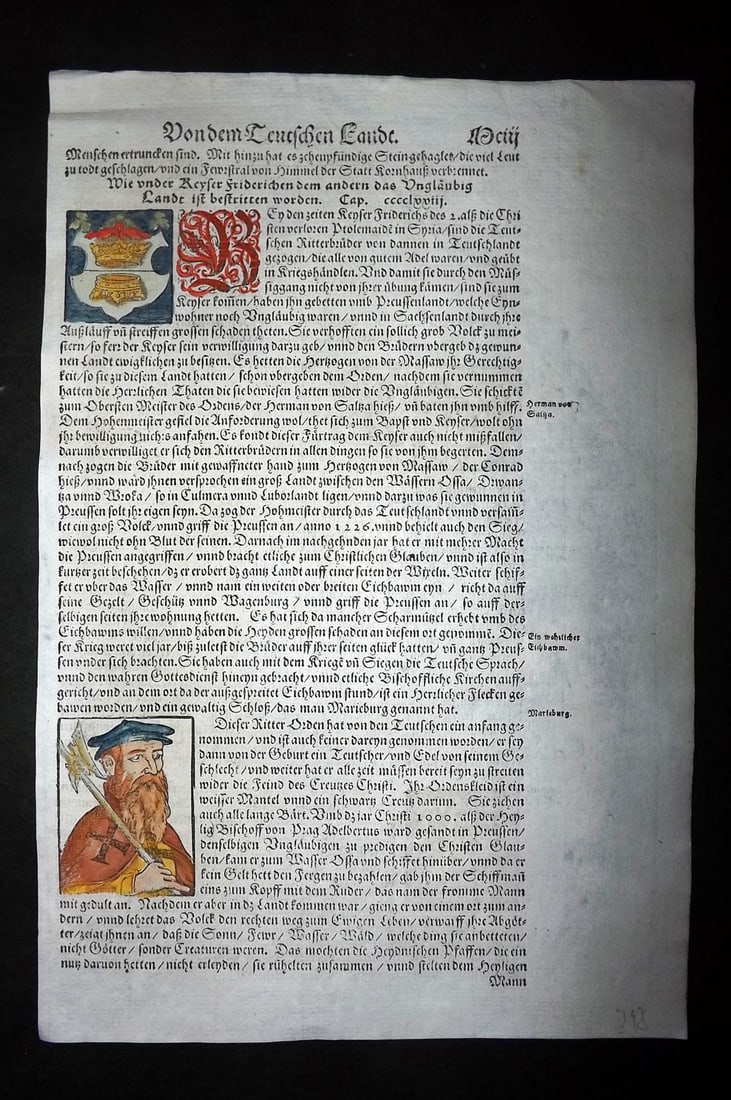 Munster, Sebastian 1588 Early Hand Col Woodcut. Coat of Arms of the Teutonic Order & Hermann von (1 of 2)