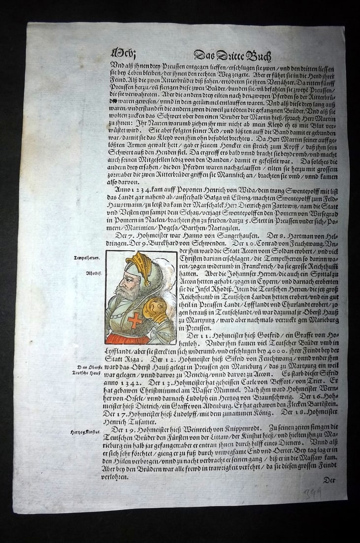 Munster, Sebastian 1588 Early Hand Col Woodcut. Teutonic Knight - Grandmaster: Contemporary Hand Colored Woodcut Published 1588, Basel for the "Cosmographia" by Sebastian Munster. Printed both sides. Paper Size: 12 x 8 inch (30 x 20cm) Approx. Good Condition