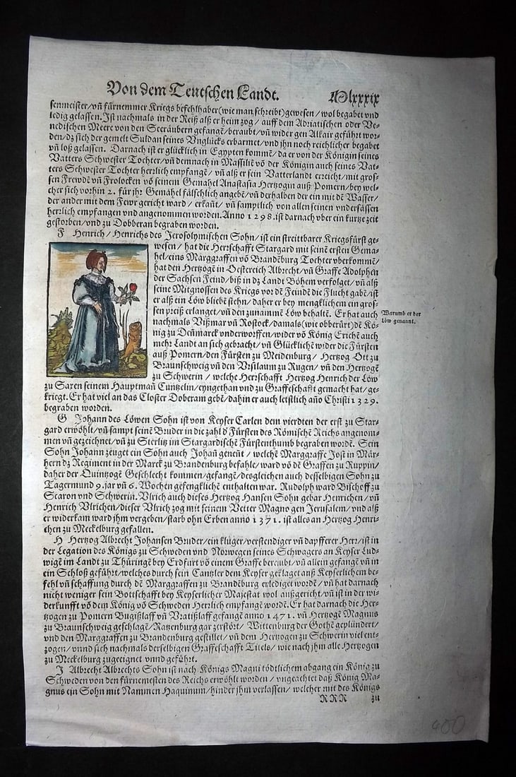 Munster, Sebastian 1588 Early Hand Col Woodcut. Portrait of a Noblewoman holding a Rose: Contemporary Hand Colored Woodcut Published 1588, Basel for the "Cosmographia" by Sebastian Munster. Printed both sides. Paper Size: 12 x 8 inch (30 x 20cm) Approx. Good Condition