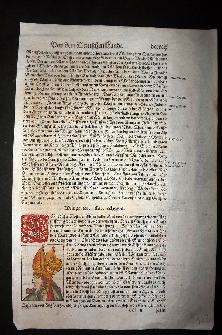 Munster, Sebastian 1588 Early Hand Col Woodcut. Portrait of a Bishop (1 of 2)