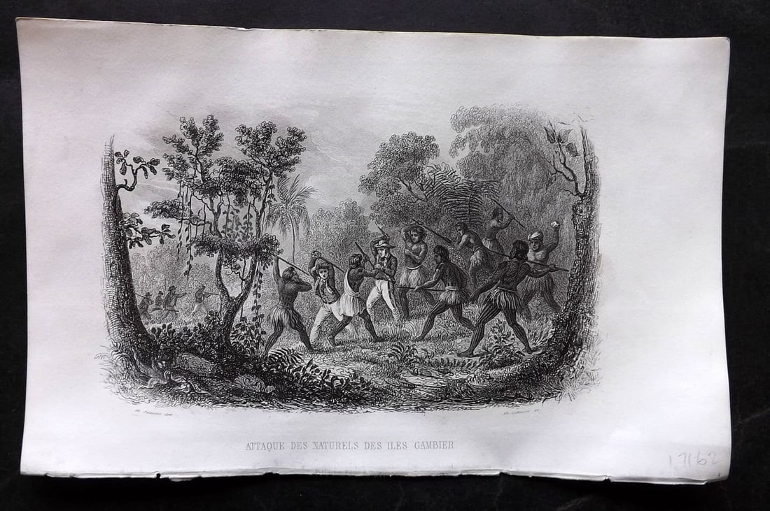 d'Urville, Jules 1859 Antique Print. Attack at the Gambier Islands, Pacific: Antique Steel Engraving Published 1859, Paris for "Histoire Generale des Voyages..." By Jules Dumont d'Urville. Paper Size: 10.5 x 6.5 inch (27 x 17cm) Good Condition