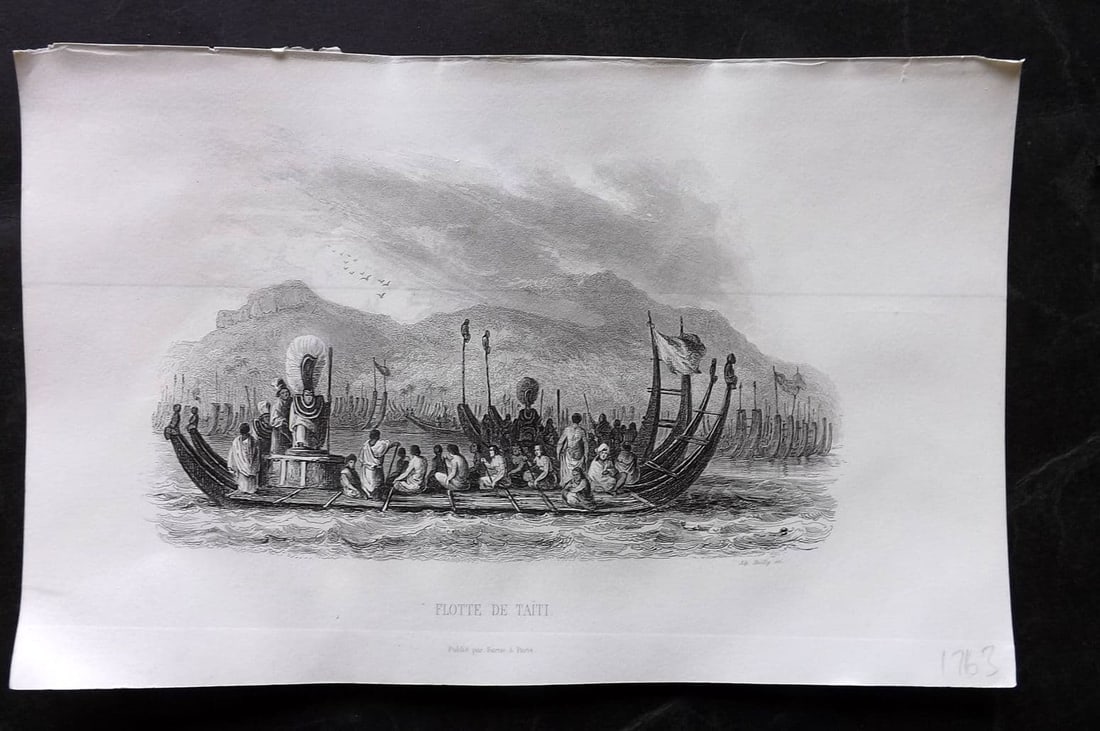 d'Urville, Jules 1859 Antique Print. Flotte de Taiti. Tahiti Boat: Antique Steel Engraving Published 1859, Paris for "Histoire Generale des Voyages..." By Jules Dumont d'Urville. Paper Size: 10.5 x 6.5 inch (27 x 17cm) Good Condition