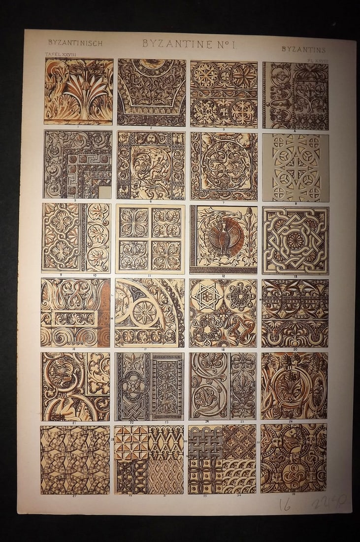 Jones, Owen 1910 Folio Architectural Design Print. Byzantine No. 1: Chromolithograph Published 1910 by Bernard Quaritch, London for "The Grammar of Ornament" by Owen Jones. Paper Size: 13 x 9 inch (33 x 23cm) Good Condition