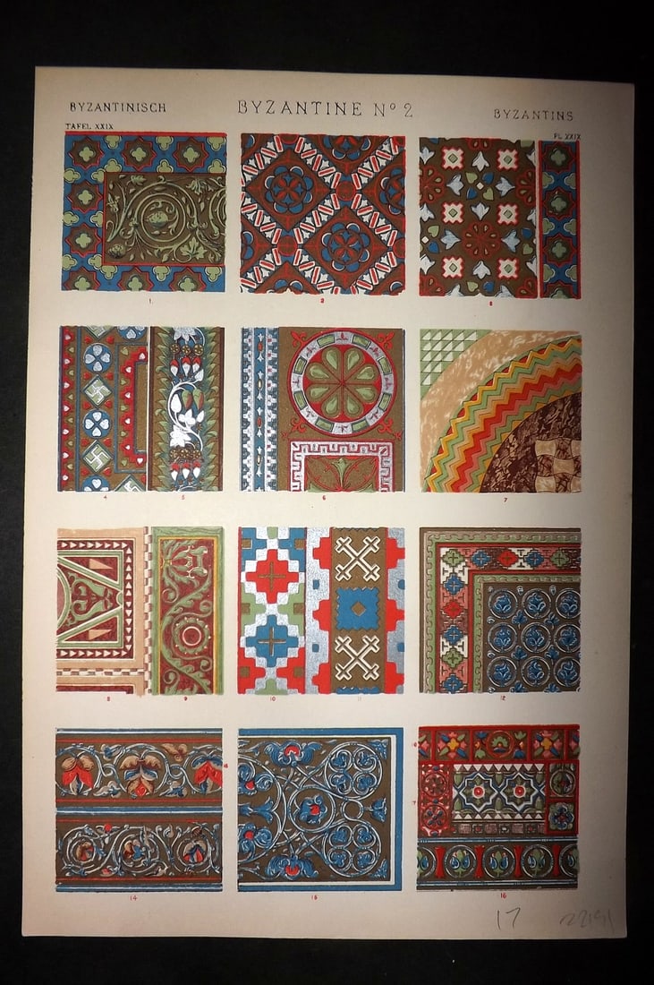 Jones, Owen 1910 Folio Architectural Design Print. Byzantine No. 2: Chromolithograph Published 1910 by Bernard Quaritch, London for "The Grammar of Ornament" by Owen Jones. Paper Size: 13 x 9 inch (33 x 23cm) Good Condition