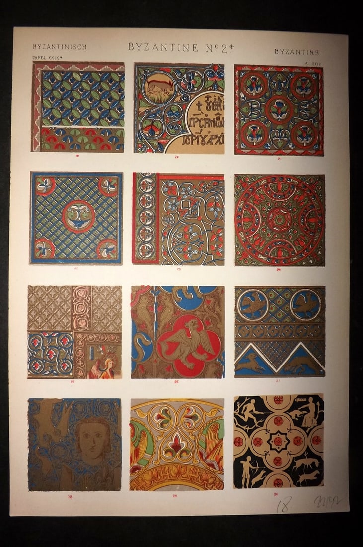 Jones, Owen 1910 Folio Architectural Design Print. Byzantine No. 2*: Chromolithograph Published 1910 by Bernard Quaritch, London for "The Grammar of Ornament" by Owen Jones. Paper Size: 13 x 9 inch (33 x 23cm) Good Condition