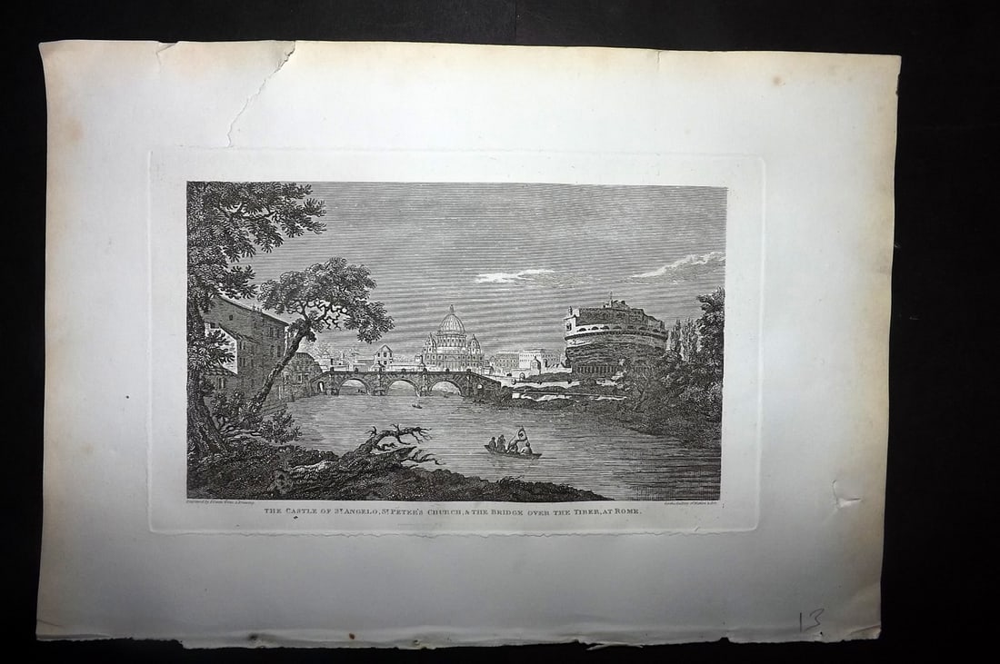 Polehampton, Edward 1823 Print. Italy - Castle of St. Angelo, St. Peters, Tiver Rome (1 of 1)