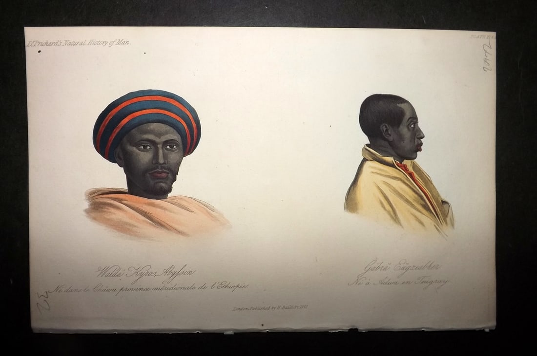Prichard, James 1848 HC Print. Abyssinian Portrait Wolaita Kyron, Gahez-Eggiabheir 11&12: Hand Colored Aquatint Published 1848, London for "The Natural History of Man" by James Cowles Prichard. Fine hand colour as issued. On good quality Whatman Turkey Mill Wove Paper. Paper Size: 8.5 x 5.