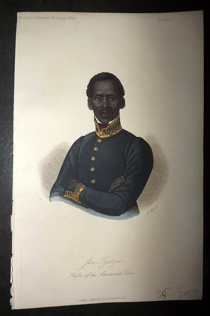 Prichard, James 1848 Hand Col Print. Jan Tzatzoe; Kaffir. South Africa 16: Hand Colored Aquatint Published 1848, London for "The Natural History of Man" by James Cowles Prichard. Fine hand colour as issued. On good quality Whatman Turkey Mill Wove Paper. Paper Size: 8.5 x 5.