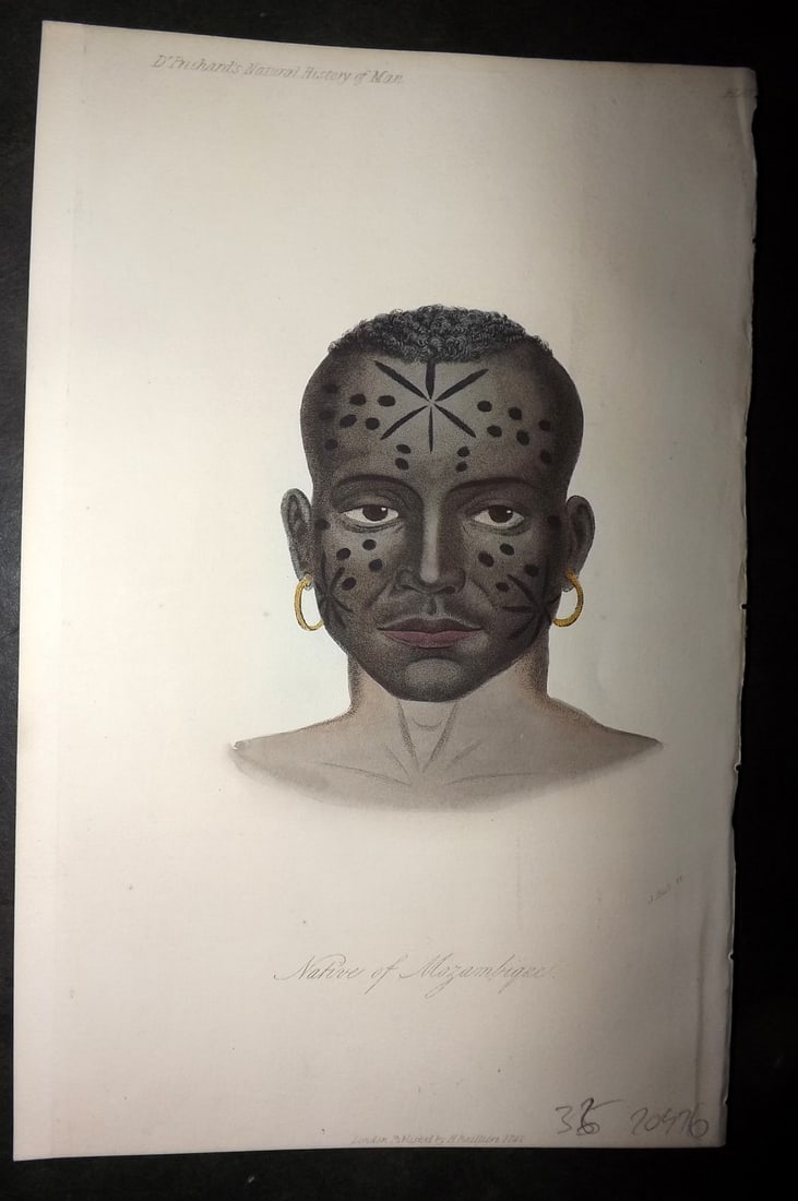 Prichard, James 1848 Hand Col Print. Native of Mozambique. Africa 19: Hand Colored Aquatint Published 1848, London for "The Natural History of Man" by James Cowles Prichard. Fine hand colour as issued. On good quality Whatman Turkey Mill Wove Paper. Paper Size: 8.5 x 5.