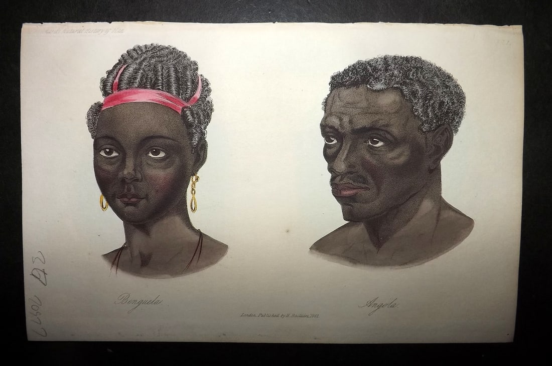 Prichard, James 1848 Hand Col Print. Native of Benguela & Angola. Africa 20: Hand Colored Aquatint Published 1848, London for "The Natural History of Man" by James Cowles Prichard. Fine hand colour as issued. On good quality Whatman Turkey Mill Wove Paper. Paper Size: 8.5 x 5.
