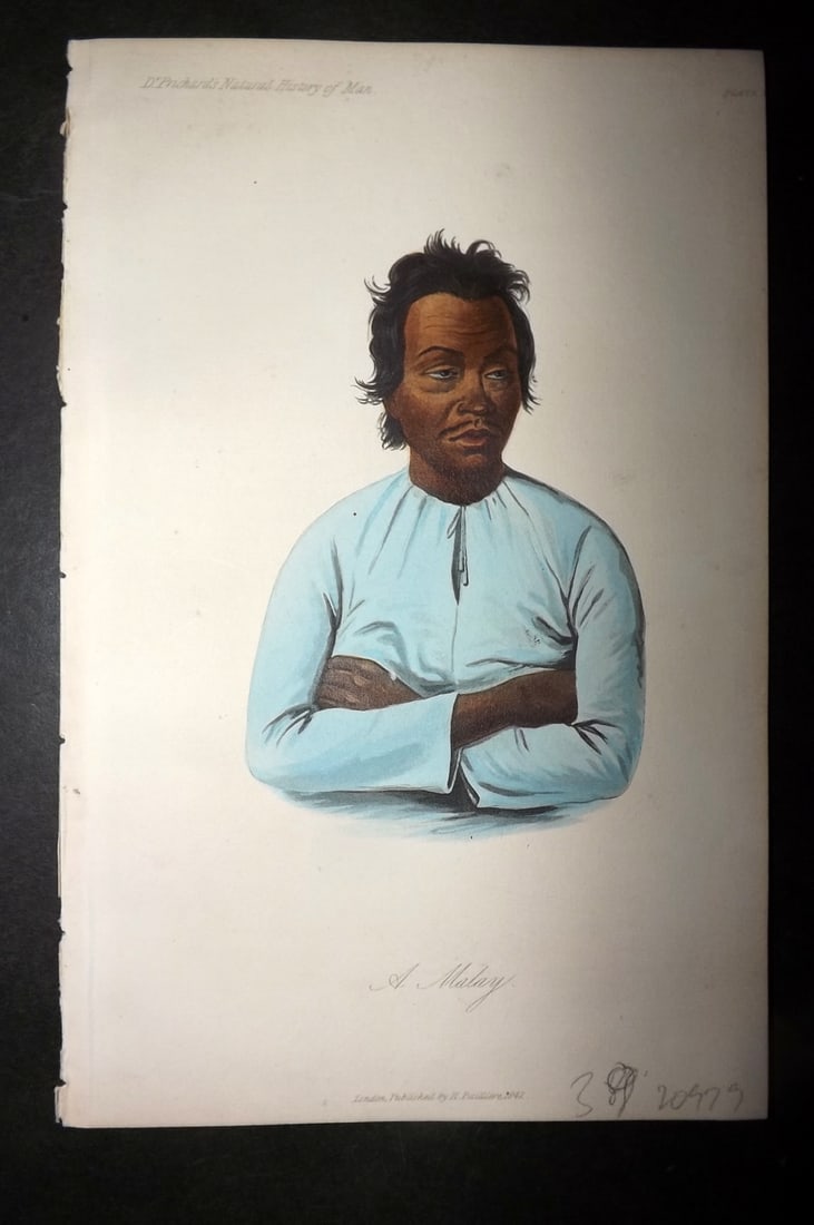 Prichard, James 1848 Hand Col Print. A Malay. Malaya Malaysia: Hand Colored Aquatint Published 1848, London for "The Natural History of Man" by James Cowles Prichard. Fine hand colour as issued. On good quality Whatman Turkey Mill Wove Paper. Paper Size: 8.5 x 5.