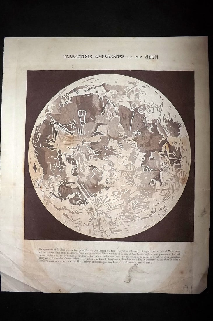 Ainsworth, James 1850's Astronomy Print. Telescopic Appearance of the Moon: Aquatint Published 1851-55, Manchester for "The Imperial Journal of Art, Science, Mechanics and Engineering" by James Ainsworth. Uncommon. Fold as issued. Paper Size: 12 x 9.5 inch (30 x 24cm) Very mi