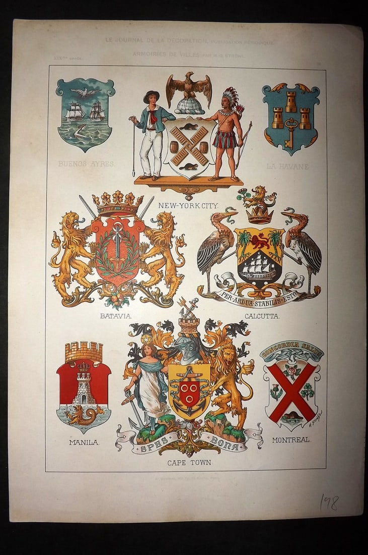 Guerine, Armand C1920 Folio Print. City Arms - Manilla Philippines, New York, Calcutta, Bavaria,: Folio Chromolithograph Published C1898-1928, Paris for "Le Journal de la Decoration" by Armand Guerine. Rare. Paper Size: 13.5 x 9.5 inch (34 x 24cm) Good Condition