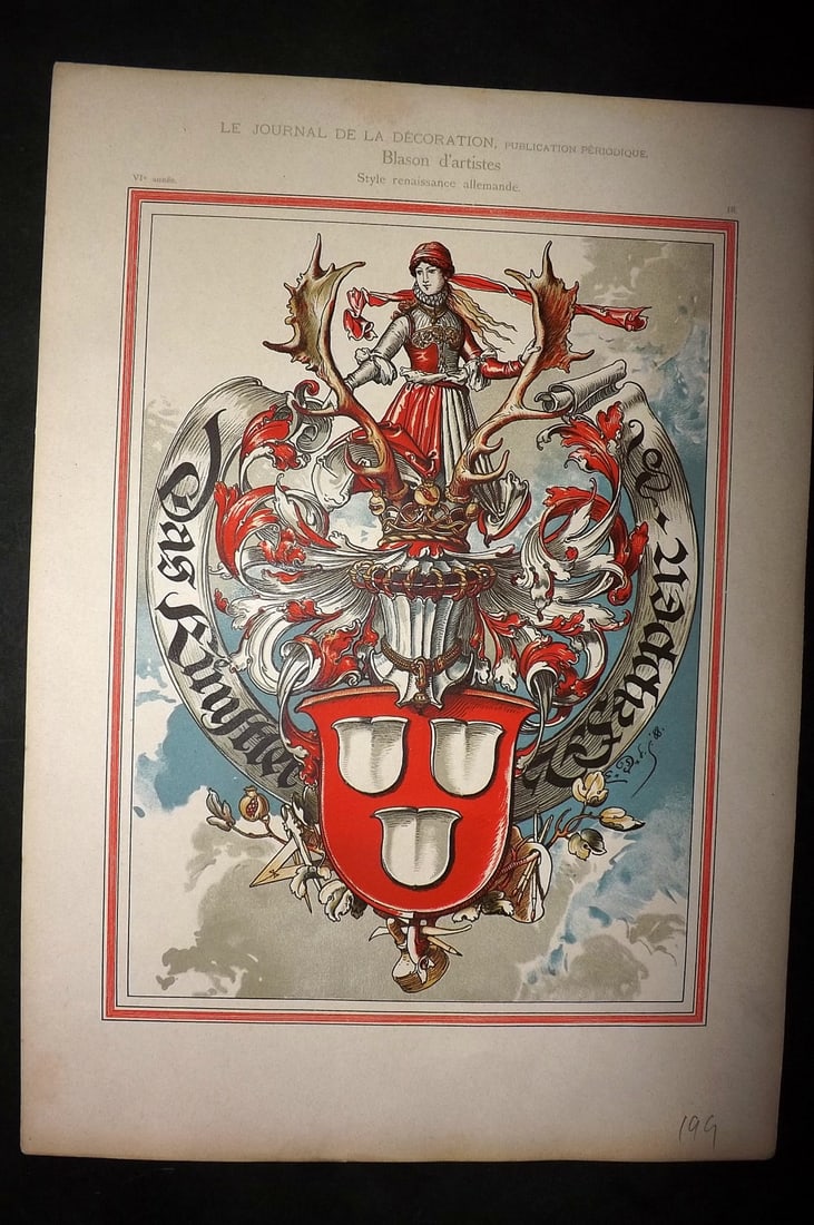 Guerine, Armand C1900 Folio Print. Art Nouveau German Renaissance Coat of Arms (1 of 1)