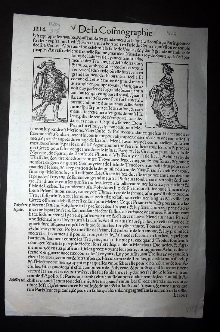 Munster, Sebastian 1552 Early Woodcut. Troy Costume & Tomb of Ayas: Woodcut Published 1552, Basel for the "Cosmographia" by Sebastian Munster. Printed both sides. Paper Size: 11 x 7.5 inch (28 x 19cm) Approx. Good Condition