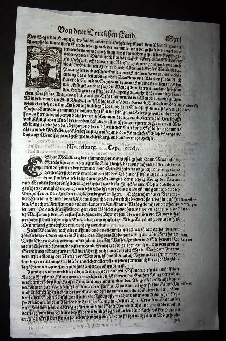Munster, Sebastian 1578 Early Woodcut View. Small Woodcut & Description of Regensburg, Danube: Woodcut Published 1578, Basel for the "Cosmographia" by Sebastian Munster. Printed both sides. Paper Size: 12 x 8 inch (30 x 20cm) Approx. Good Condition