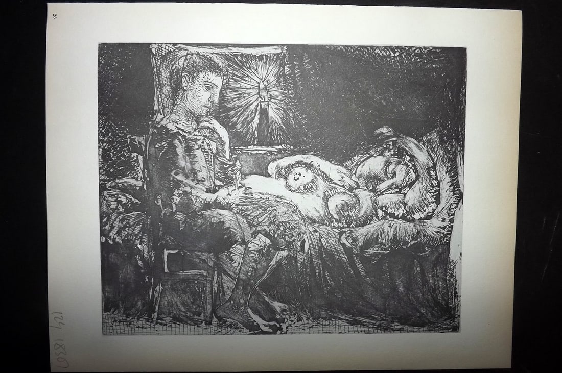 Picasso Vollard 1956 Print. Boy Watching over Sleeping Woman by Candlelight 26: Vintage Photogravure Published 1956, London for "Picasso's Vollard Suite" First English Edition of 100 Etchings created by Picasso between 1930-37. Printed on Good Quality Paper in Germany. Paper Size