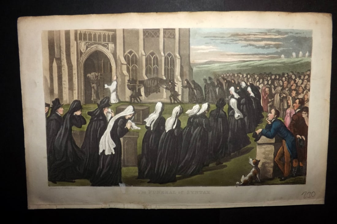 Rowlandson, Thomas 1855 HCol Doctor Syntax Satire Print. Funeral of Syntax: Hand Colored Aquatint Published 1855, London for "The Three Tours of Doctor Syntax" by William Combe. Illustrated by Thomas Rowlandson. Paper Size: 10 x 6 inch (25 x 16cm) Good Condition