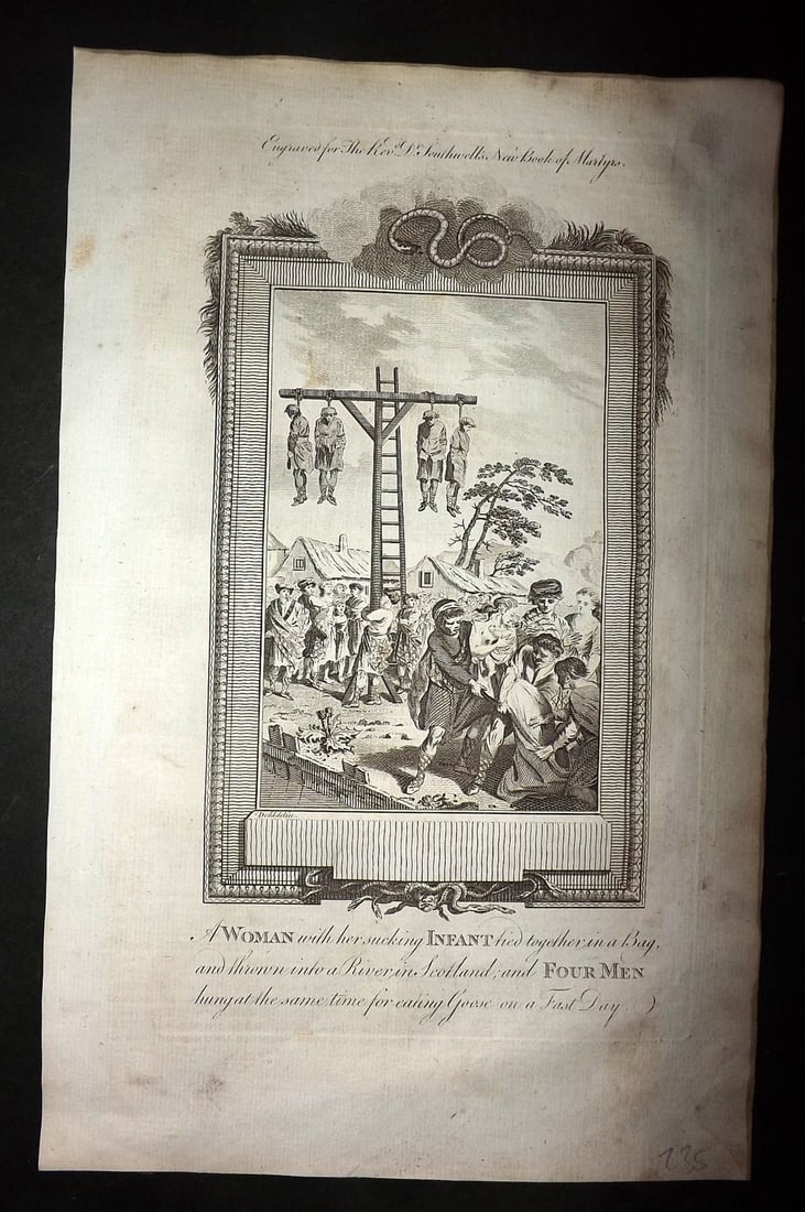 Southwell Book of Martyrs 1795 Folio Print. Woman with her sucking infant tied together in bag.: Folio Copper Plate Published 1785, London for "The New Book of Martyrs" by Henry Southwell. Paper Size: 14.5 x 9 inch (37 x 23cm) Minor margin toning/staining. Otherwise Good Condition