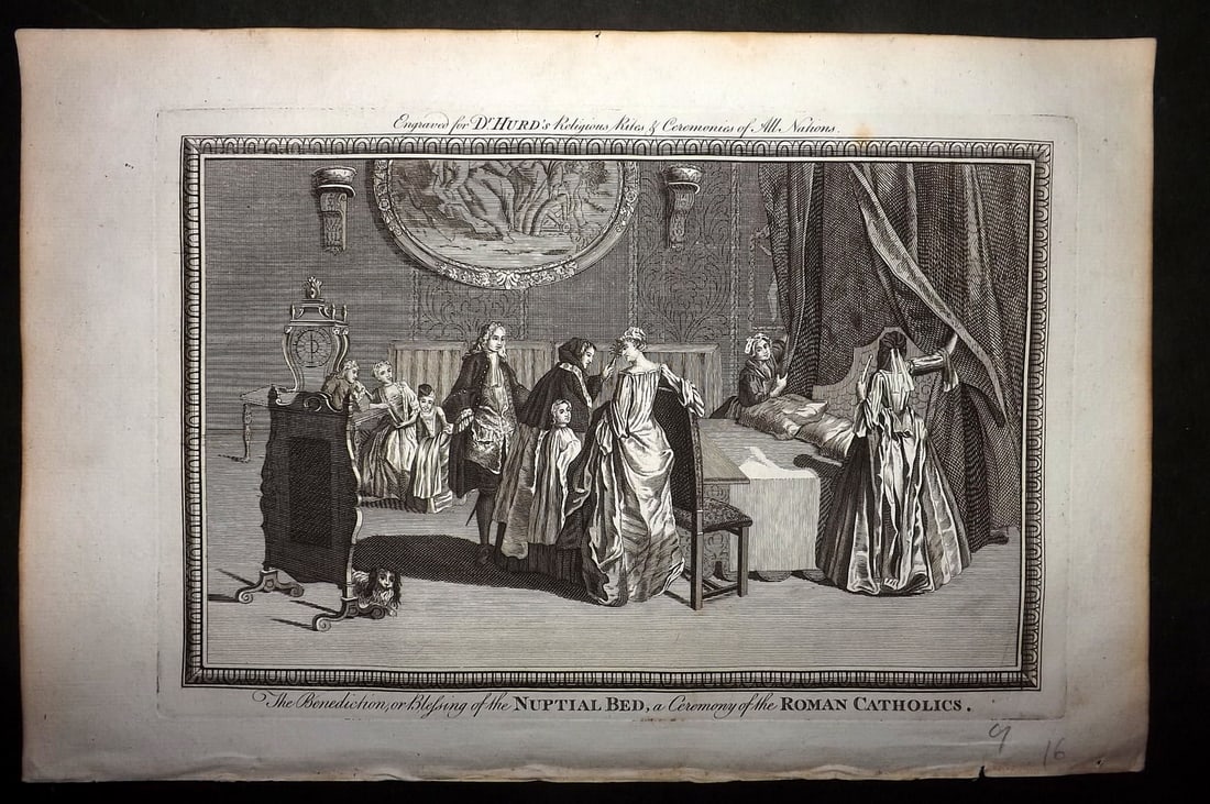 Hurd, William C1780 Folio Print. Nuptial Bed, Ceremony of the Roman Catholics: Folio Copper Plate Published 1779-1812, London for "A New Universal History of the Religious Rites, Ceremonies and Customs, of the Whole World?" by Dr. William Hurd. Paper Size: 13.75 x 9 inch (35 x 2