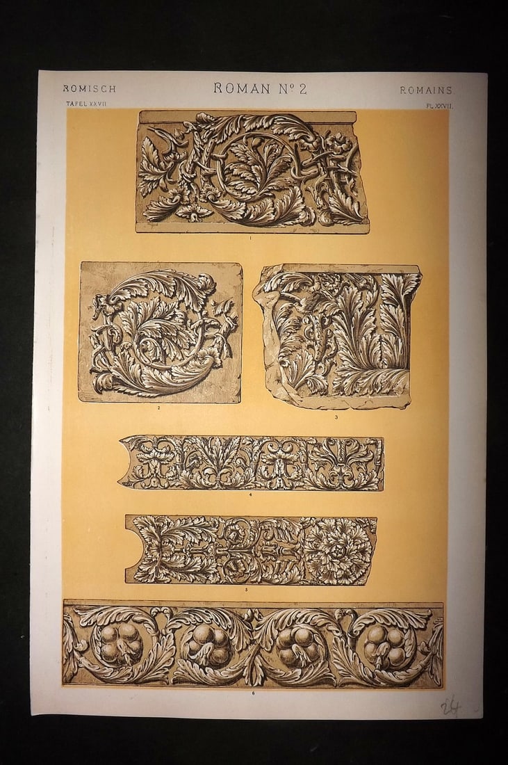 Jones, Owen 1910 Folio Architectural Design Print. Roman No. 2: Chromolithograph Published 1910 by Bernard Quaritch, London for "The Grammar of Ornament" by Owen Jones. Paper Size: 13 x 9 inch (33 x 23cm) Good Condition