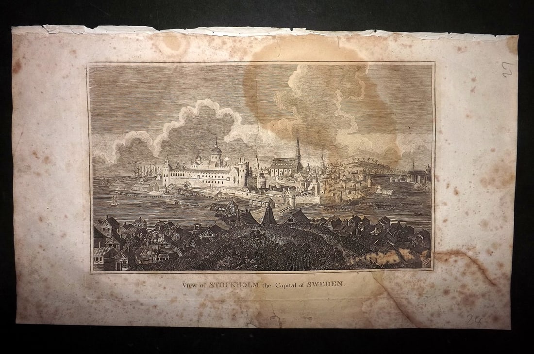 Russell & Allen (Pub) 1812 Folio Copper Plate. Stockholm, Sweden (Faults): Folio Copper Plate Published 1812 by Russell and Allen, Manchester for "A New And Commercial System Of Geography" Paper Size: 15.5 x 9 inch (39 x 23cm) Heavy water staining and toning. Several closed