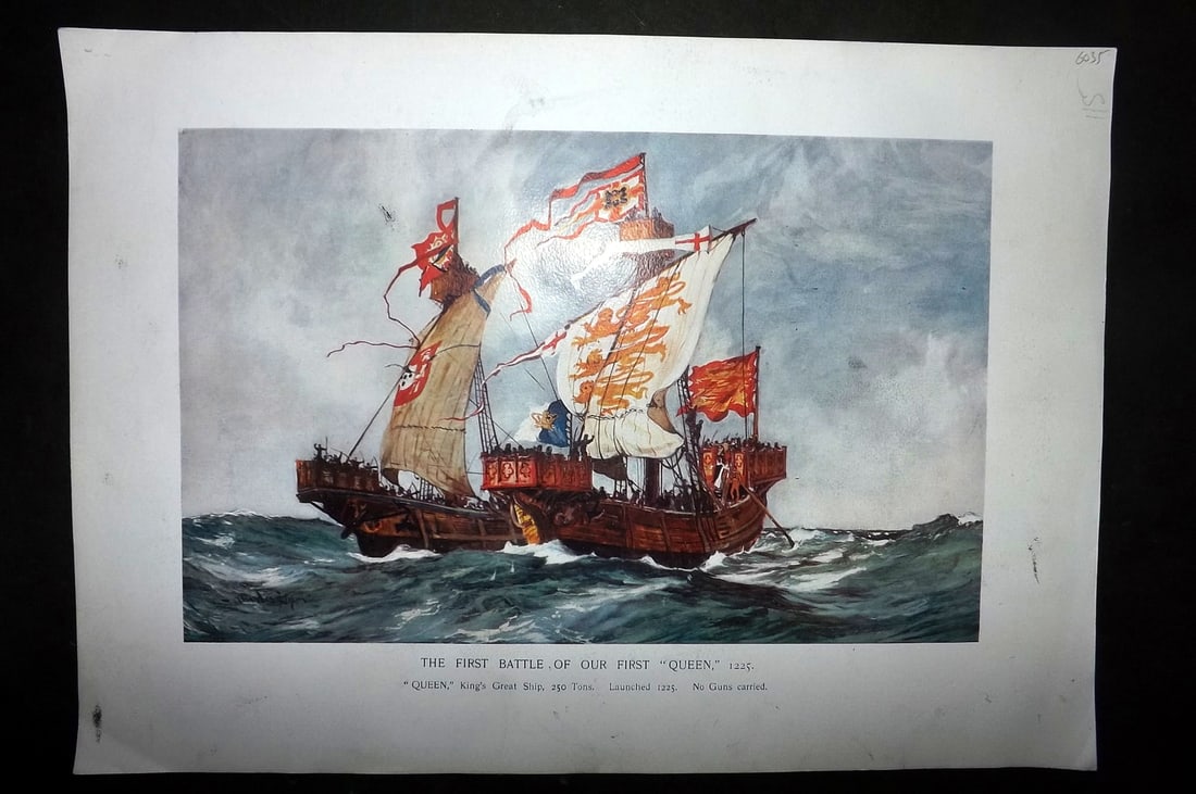 Dixon, Charles 1901 Folio Ship Print. First Battle of our First "Queen" 1225: Folio Colotype Published 1901, London for "Britannia's Bulwarks, The Achievements of our Seamen, The Honours of our Ships" by Charles Robinson. Illustrated by Charles Dixon. Interesting descriptive te