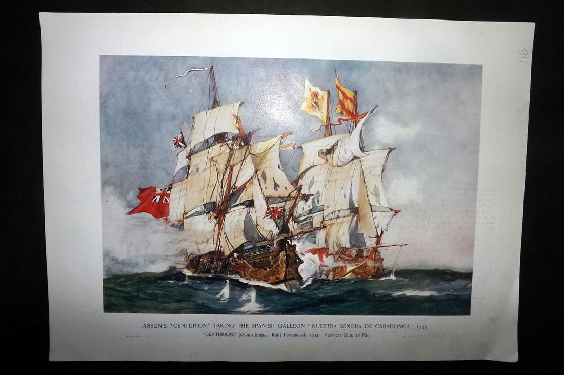 Dixon, Charles 1901 Folio Ship Print. Anson's "Centurion" Taking the Spanish Galleon "Nuestra Senora (1 of 1)