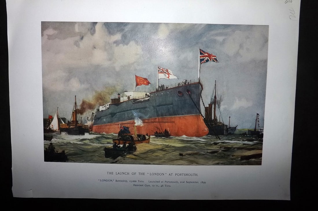 Dixon, Charles 1901 Folio Ship Print. The Launch of the "London" at Portsmouth (1 of 1)