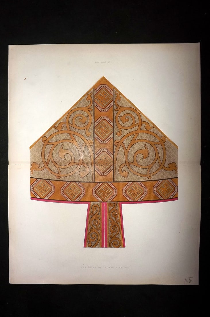 Shaw, Henry 1843 Hand Col Print. Mitre of Thomas A. Becket about 1165: Hand Colored Aquatint Published 1843 London for "Dresses and Decorations of the Middle Ages" by Henry Shaw. Centre fold as published. Paper Size: 13.5 x 11 inch (35 x 28cm) Good Condition