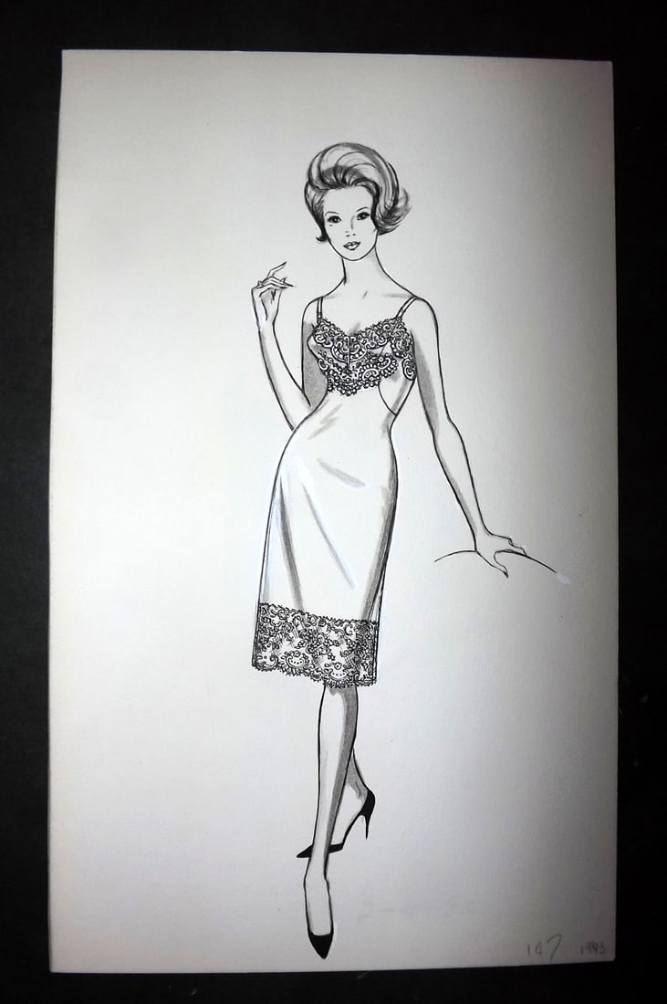 Original Art C1960's Original USA Lingerie Design by Shadowline Lingerie: Pen, Ink & Watercolour Made C1960-80 in Philadelphia. Original designs used for Catalgoues or Advertising. On heavy, good quality Artist's board. Size: 12 x 7.5 inch (31 x 19cm) Good Condition