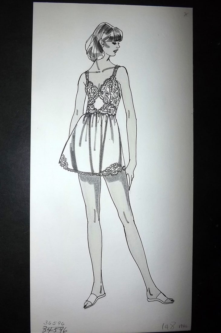 Original Art C1960's Original USA Lingerie Design by Shadowline Lingerie: Pen, Ink & Watercolour Made C1960-80 in Philadelphia. Original designs used for Catalgoues or Advertising. On heavy, good quality Artist's board. Size: 13.5 x 6.5 inch (34 x 17cm) Good Condition