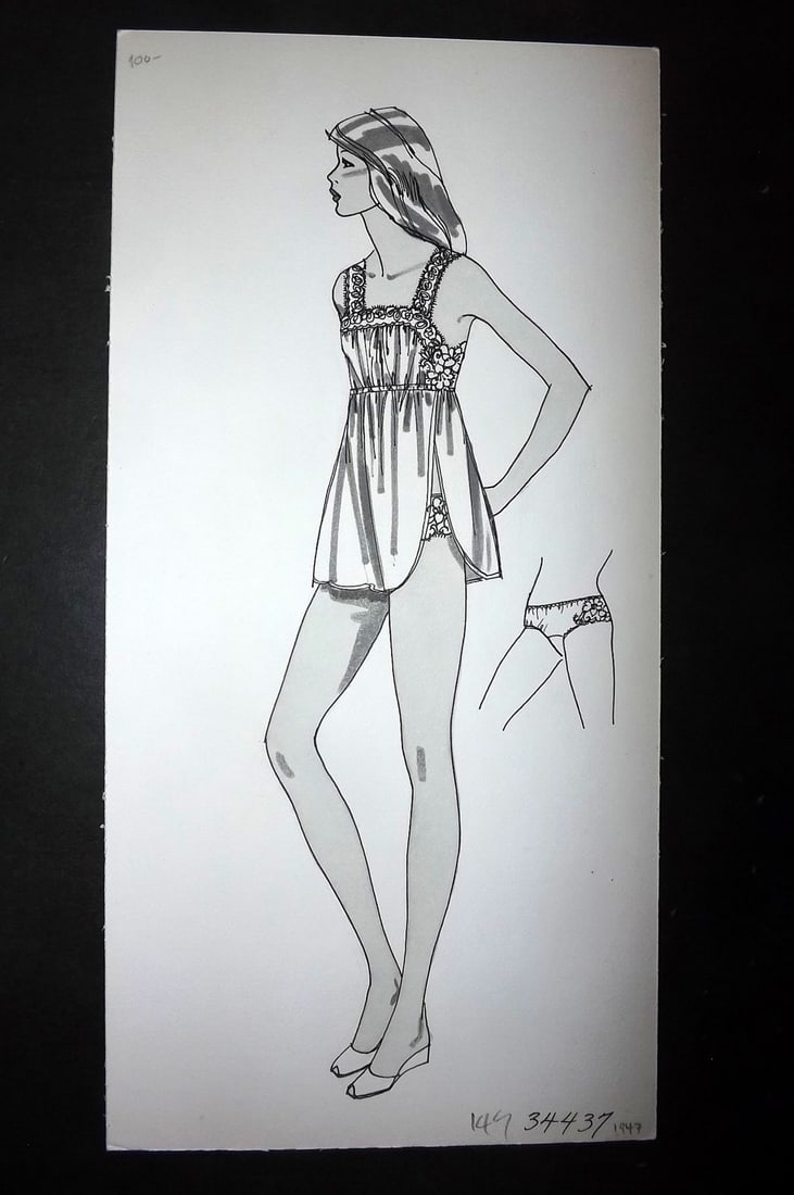 Original Art C1960's Original USA Lingerie Design by Shadowline Lingerie: Pen, Ink & Watercolour Made C1960-80 in Philadelphia. Original designs used for Catalgoues or Advertising. On heavy, good quality Artist's board. Size: 13.5 x 6.5 inch (34 x 17cm) Good Condition