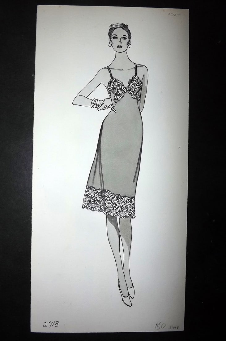 Original Art C1960's Original USA Lingerie Design by Shadowline Lingerie: Pen, Ink & Watercolour Made C1960-80 in Philadelphia. Original designs used for Catalgoues or Advertising. On heavy, good quality Artist's board. Size: 13.5 x 6.5 inch (34 x 17cm) Good Condition