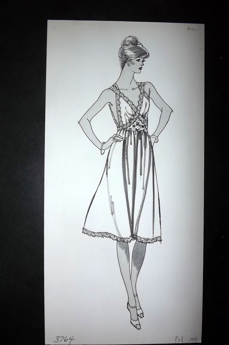 Original Art C1960's Original USA Lingerie Design by Shadowline Lingerie: Pen, Ink & Watercolour Made C1960-80 in Philadelphia. Original designs used for Catalgoues or Advertising. On heavy, good quality Artist's board. Size: 13.5 x 6.5 inch (34 x 17cm) Good Condition
