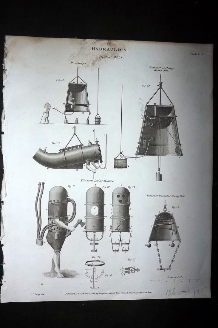 Rees, Abraham 1820 Antique Print. Diving Bell (1 of 1)