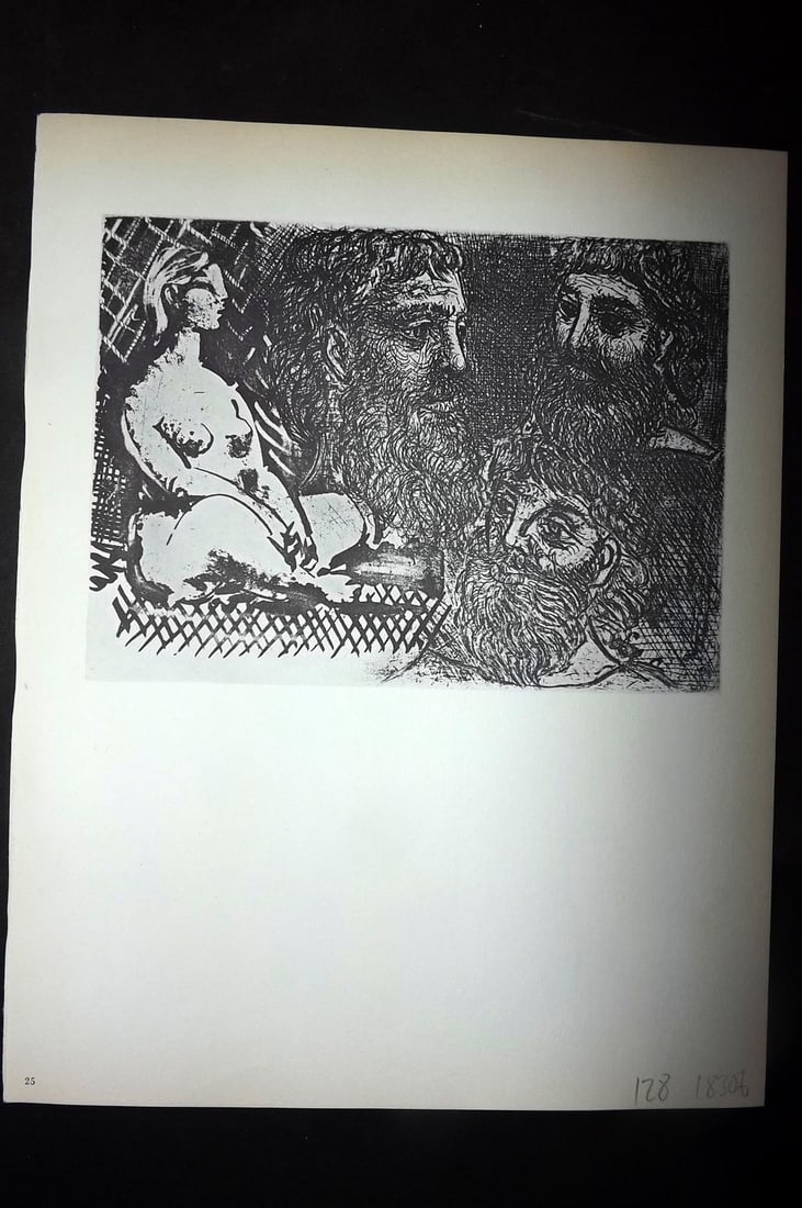 Picasso Vollard Suite 1956 Print. Seated Nude and Three Studies of a Head 25: Vintage Photogravure Published 1956, London for "Picasso's Vollard Suite" First English Edition of 100 Etchings created by Picasso between 1930-37. Printed on Good Quality Paper in Germany. Paper Size