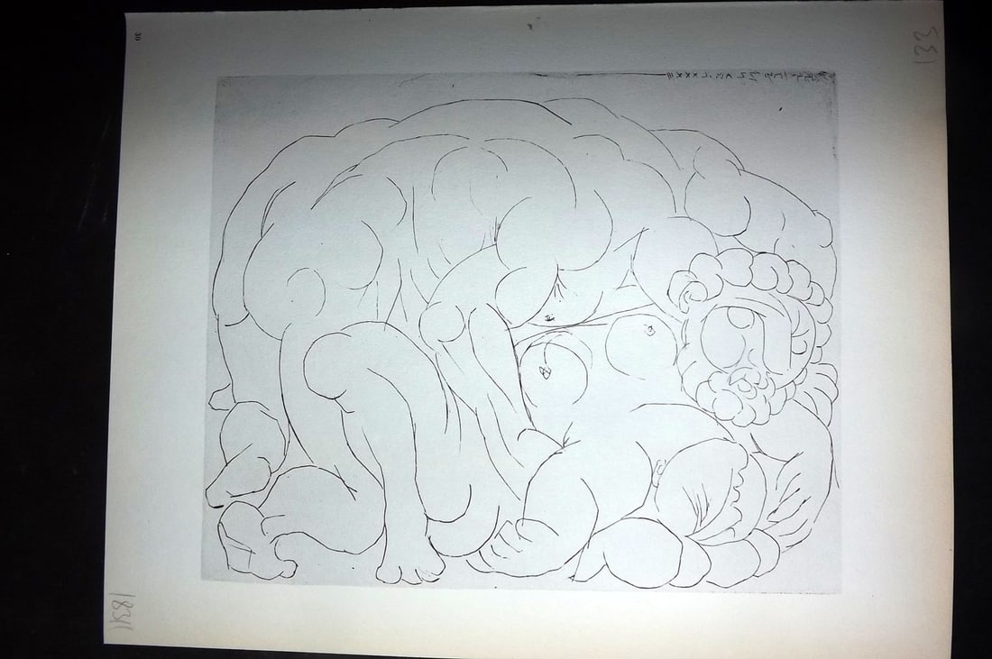 Picasso Vollard Suite 1956 Print. Embrace 30: Vintage Photogravure Published 1956, London for "Picasso's Vollard Suite" First English Edition of 100 Etchings created by Picasso between 1930-37. Printed on Good Quality Paper in Germany. Paper Size