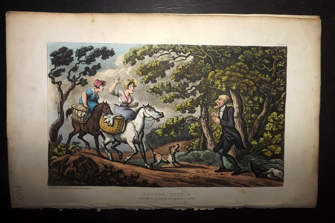 Rowlandson, Thomas 1855 HCol Doctor Syntax Satire Print. Bound to a Tree by Highwaymen (1 of 1)