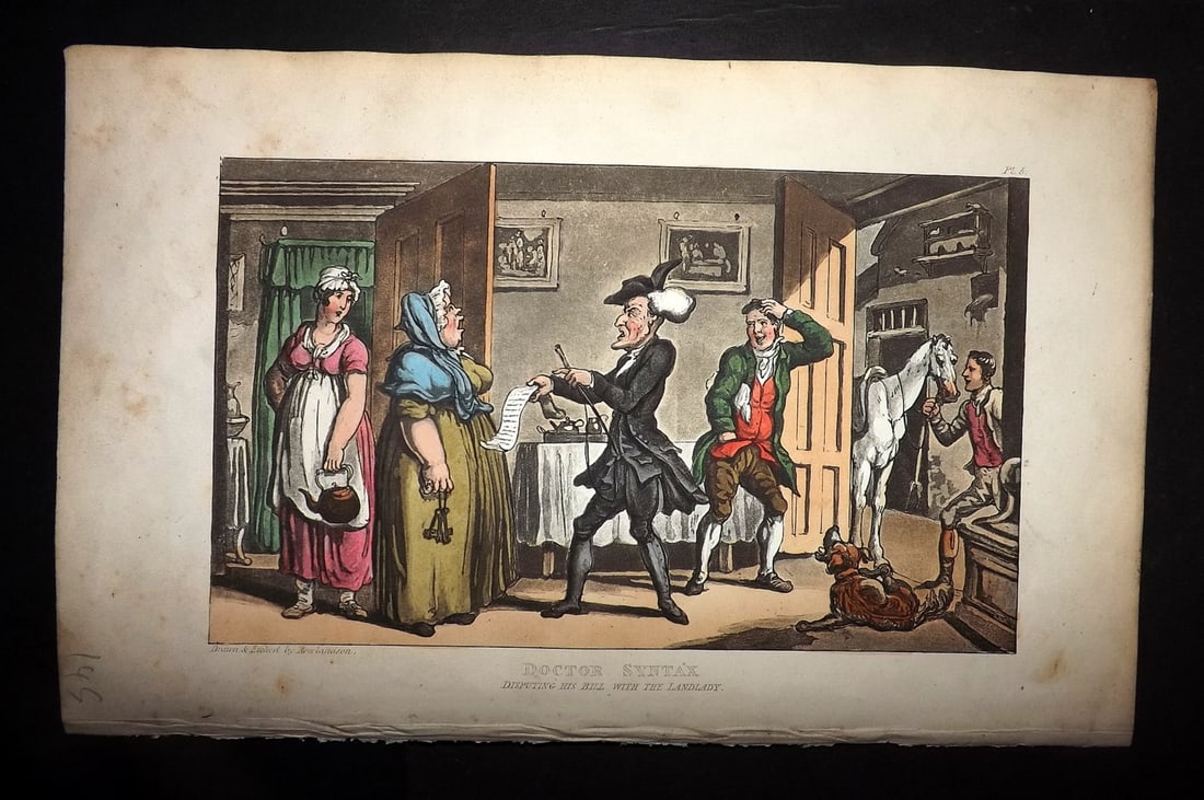 Rowlandson, Thomas 1855 HCol Doctor Syntax Satire Print. Disputing his Bill with the Landlady (1 of 1)