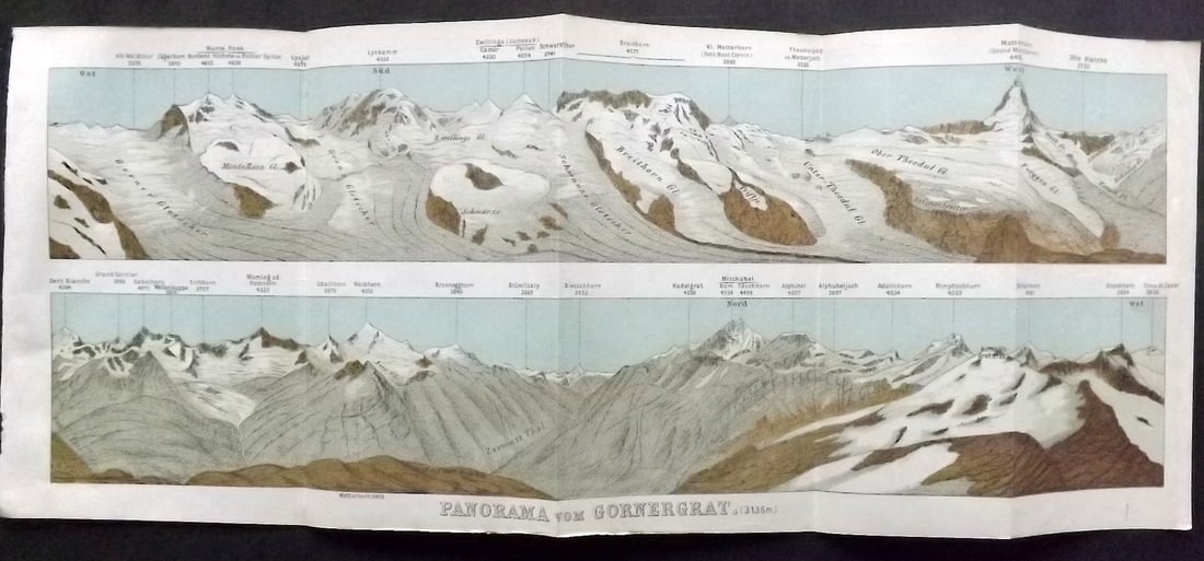 Baedeker, Karl 1901 Panoramic View of the Swiss Alps. Gornergrat: Lithograph Published 1901, Leipzig for "Switzerland and the adjacent portions of Italy, Savoy and Tyrol. Handbook for Travellers" by Karl Baedeker. Folds as issued. Paper Size: 15 x 6 inch (38 x 16cm)