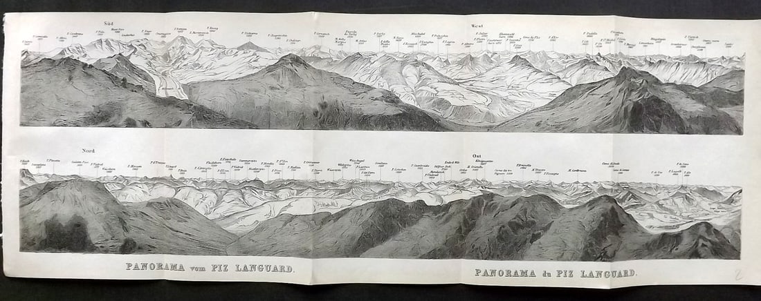 Baedeker, Karl 1901 Panoramic View of the Swiss Alps. Piz Languard: Lithograph Published 1901, Leipzig for "Switzerland and the adjacent portions of Italy, Savoy and Tyrol. Handbook for Travellers" by Karl Baedeker. Folds as issued. Paper Size: 17.5 x 6 inch (44 x 16c