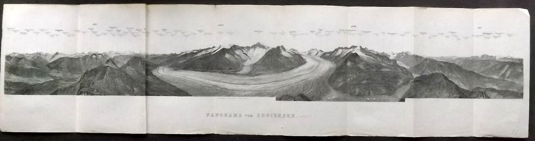 Baedeker, Karl 1901 Panoramic View of the Swiss Alps. Eggismorn: Lithograph Published 1901, Leipzig for "Switzerland and the adjacent portions of Italy, Savoy and Tyrol. Handbook for Travellers" by Karl Baedeker. Folds as issued. Paper Size: 25 x 6 inch (64 x 16cm)