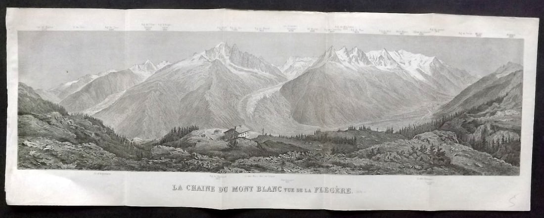 Baedeker, Karl 1901 Panoramic View of the Swiss Alps. Mont Blanc, Flegere: Lithograph Published 1901, Leipzig for "Switzerland and the adjacent portions of Italy, Savoy and Tyrol. Handbook for Travellers" by Karl Baedeker. Folds as issued. Paper Size: 16.5 x 6 inch (42 x 16c