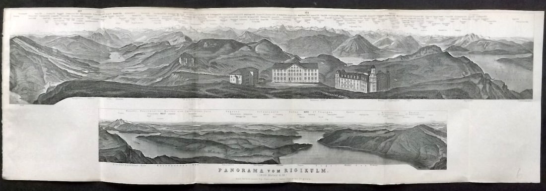 Baedeker, Karl 1901 Panoramic View of the Swiss Alps. Rigikulm: Lithograph Published 1901, Leipzig for "Switzerland and the adjacent portions of Italy, Savoy and Tyrol. Handbook for Travellers" by Karl Baedeker. Folds as issued. Paper Size: 19.5 x 6 inch (50 x 16c